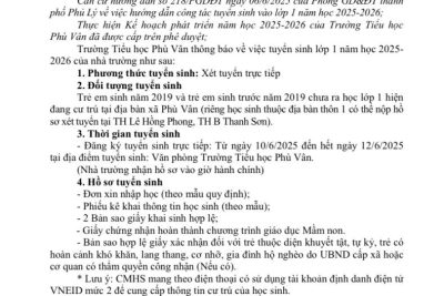 Thông báo Tuyến sinh lớp 1 năm học 2025-2026