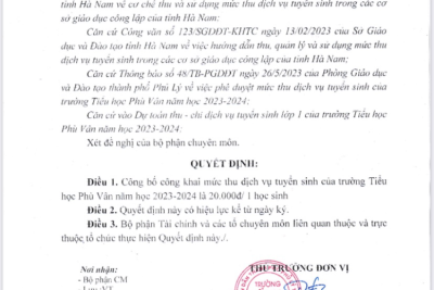 Quyết định công bố công khai mức thu dịch vụ tuyển sinh năm học 2023-2024