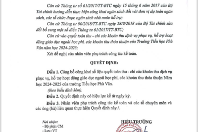 Quyết định về việc công bố công khai quyết toán các khoản năm 2024-2025 của trường TH Phù Vân